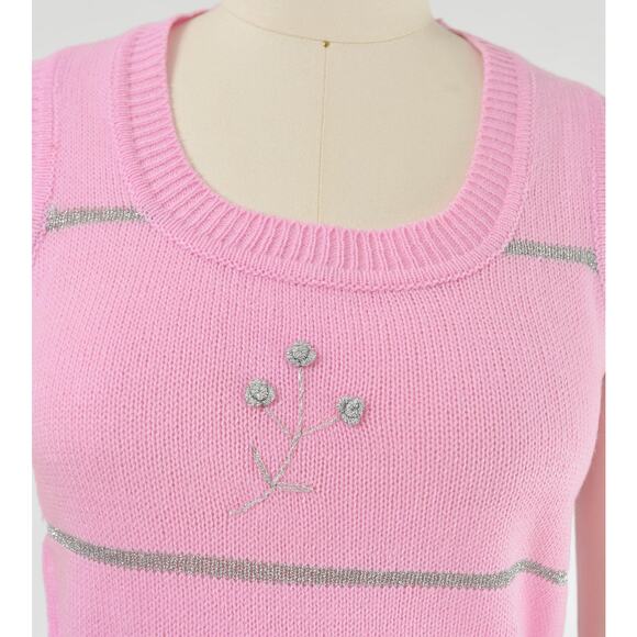 Vintage 60s Pink Two Piece Sweater Set Floral Vest Button Down Cardigan XS S - Picture 8 of 9